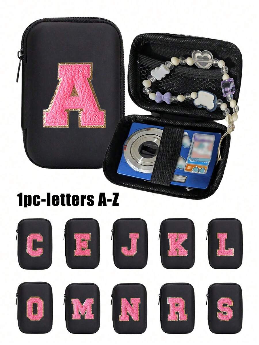 Portable Ccd Camera Protective Case, Rose Red Initial Letters A-Z Towel Embroidered ,Compact Design, Waterproof Material, Ideal For Outdoor Photography Enthusiasts And Travelerscharger Case,Office Must Haves Digital Bag Cable Camerabag Electronic Data Cable Organizer Storage,Power Bank Cover Forwallet Travel Camera Bag,Women Man Gifts,Essential Teacher Supplies,Waterproof Lightweight Large Capacity Portable Accessories ﻿ - Black - View 1