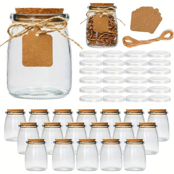 30pcs/20pcs/10pcs 200ml Mini Yogurt Cup Glass Jars With Soft Wood Lids, Pudding Container With Lids, Mason Jars Wedding Favors Honey Pot, With Labels Tags And Ropes