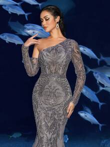 Faeriesty Đầm dạ hội đính sequin sang trọng với họa tiết đính cườm và thêu tinh xảo - Chiếc đầm thần tiên cho đám cưới chủ đề biển, tiệc chiêu đãi dưới nước, sự kiện thảm đỏ và các buổi chụp ảnh lộng lẫy. - Xám - Xem 6