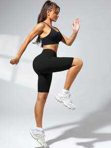 女式高腰带口袋骑行短裤，户外运动透气短裤，内置口袋，休闲黑色紧身运动短裤 - 黑色 - 查看 2