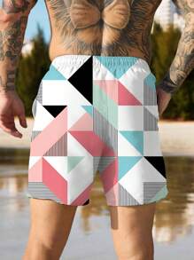 1 pièce Maillot de bain imprimé géométrique grande taille pour hommes, short de plage ample et décontracté pour l'été, séchage rapide, convient pour l'extérieur et les vacances quotidiennes, style hawaïen