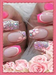 升級您的指甲造型24入組中短款足尖形/短款錐形/Flash法式明亮粉紅單色假指甲，配有一個指甲文件和一個果凍膠壓式假指甲，指甲用品