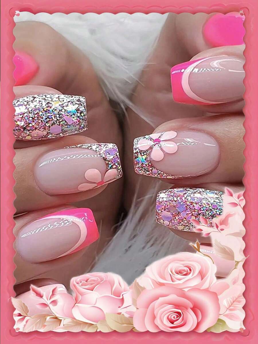 升級您的指甲造型24入組中短款足尖形/短款錐形/Flash法式明亮粉紅單色假指甲，配有一個指甲文件和一個果凍膠壓式假指甲，指甲用品