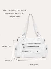 STEPHIECATHY Solid Color Soft Washed PU Vegan Leather Zipper Closure Multiple Pockets Double Short Straps Adjustable Long Belt Shoulder Cross Body Bag For Women Unisex Fashionable Casual Practical Functional College Daily Travel Outings Spring Summer Holiday Vacation - 白色 - 查看 7