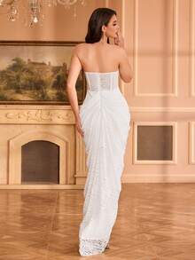 Elegant White Sexy Strapless High Slit Floral Formal Gown With Lining, Suitable For Ball, Banquet, Formal Party, For Evening, Wedding Guest - White - View 2