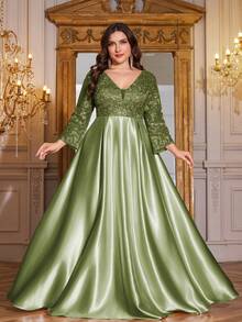 hezixi Vestido satinado con lentejuelas y corte evasé con escote en V y mangas cortas para mujer de talla grande - Elegante vestimenta formal para fiesta de cóctel, madrina de boda, invitada de boda, vestido de graduación - Verde Oliva - Ver 4