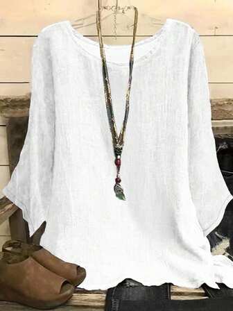 Blusa Simples de Manga Longa e Gola Redonda em Cor Sólida, Uso Casual Diário