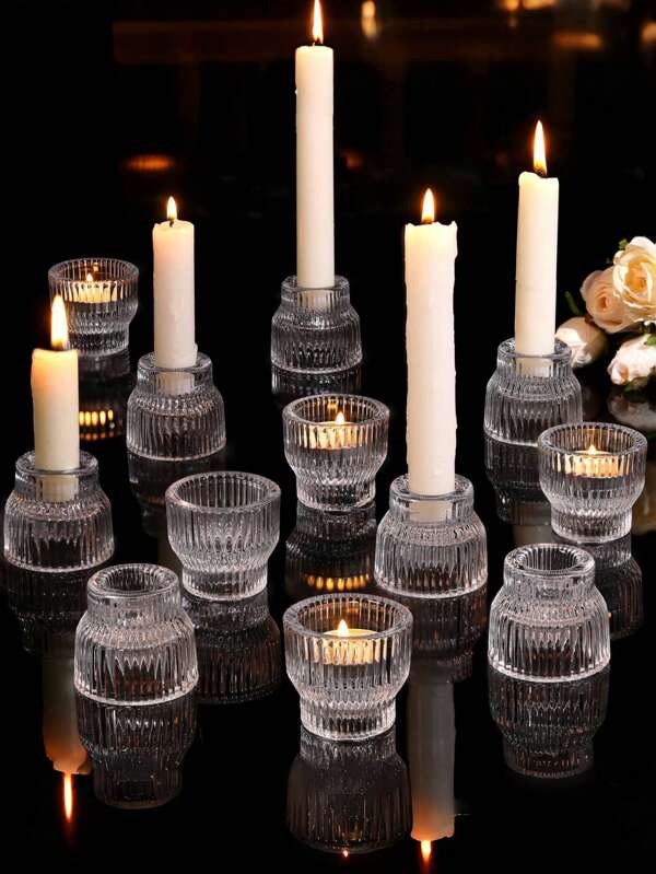 6 piezas Candelabros de vidrio transparente - Candelabros de vela recta de vidrio transparente, con patrón vertical, para decoración de mesa de boda, decoración del hogar, adecuados para velas, fiestas navideñas, salas de estar, cenas, uso de adviento