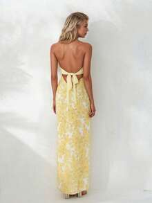 Y2k Floral Cut Out Strapless Maxi Dress For Women 2025 Summer Backless Bodycon Satin Tube Dress Off Shoulder Formal Cocktail Beach Long Sundress - Màu vàng - Xem 10