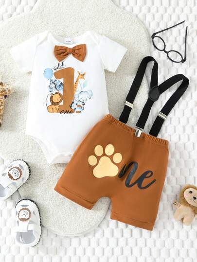 1 set Parte superior de manga corta y pantalones cortos con tirantes con estampado de animal y letras de cumpleaños para niño bebé