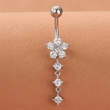 1pc Stainless Steel Plant Dual Rhinestone Flower Navel Piercing Ring, Anti-Allergy - Silver - View 3