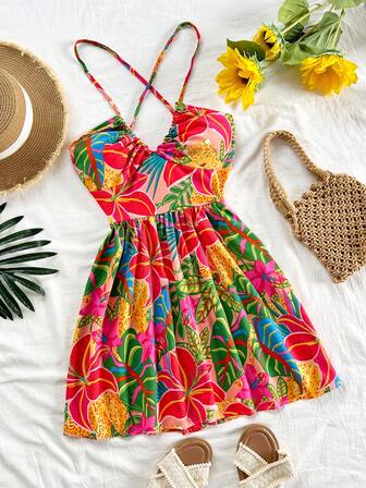热带印花迷你连衣裙，适合海滩度假，女士夏季服装，热带度假装，夏季，度假装，女士连衣裙，度假装
