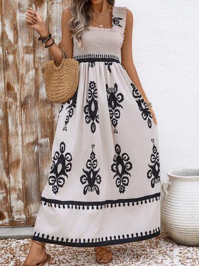 Vestido Largo de Mujer: Estampado Tropical, Ajuste en el Busto y Diseño Fresco para Playa/Verano