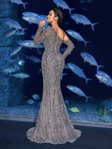 Faeriesty Đầm dạ hội đính sequin sang trọng với họa tiết đính cườm và thêu tinh xảo - Chiếc đầm thần tiên cho đám cưới chủ đề biển, tiệc chiêu đãi dưới nước, sự kiện thảm đỏ và các buổi chụp ảnh lộng lẫy. - Xám - Xem 3