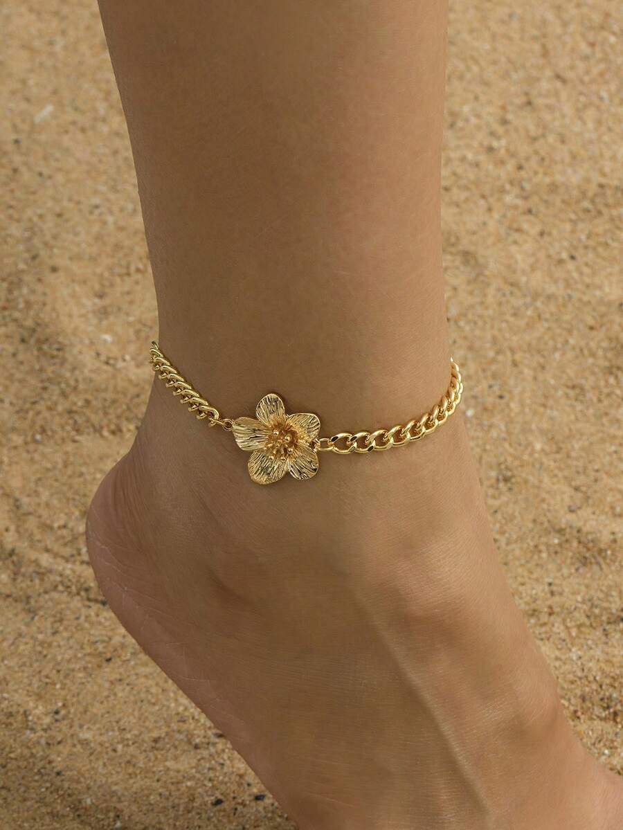 1 buah Gelang Kaki Liontin Bunga 5 Kelopak Rantai Tebal Berlapis Emas untuk Wanita - Yellow Gold - View 1