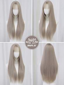 NAMM 女式超长浅灰色假发，合成直发，刘海整齐，柔软耐热灰棕色假发，适合女孩日常派对角色扮演万圣节使用，30 英寸 - 淺灰色 - 查看 5