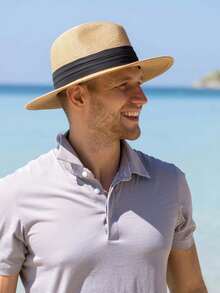 1pc Men's British Style Flat Top Beach Hat, Large Brim Sun Shade Straw Woven Hat, Windproof UV Protection Beach Hat, Foldable Panama Hat - Multicolor - View 5