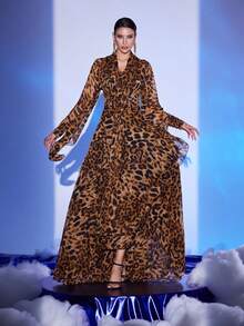 Brown V-Neck Long Sleeve Chiffon Dress, Modest - Brown - View 5