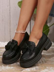 Women's Casual Fashion Glossy PU Leather Matte Bow Comfortable Loafers Flat Basic Preppy Style For Outdoor, Indoor, Party, All Season - Black - View 4