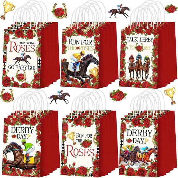 Set de 12/18/24 bolsas de papel con diseño de de caballos para regalos del Día Internacional de la de Caballos, bolsas de regalo para la de Rosas de Kentucky, suministros de decoración para fiesta de carreras de caballos con asa y soporte para almacenamiento