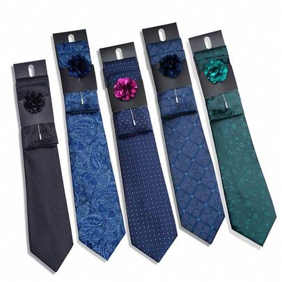 AlanKing High Quality Hot Blue Plaid Tie Brooch Handkerchief Set Men's Business Suit Accessories Fit Formal Party