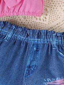 2 teiliges Sommeroutfit für Kleine Mädchen: Einfarbiges Trägerhemd und zerstörte Shorts mit Fake-Taschen - Pink - Übersicht 6
