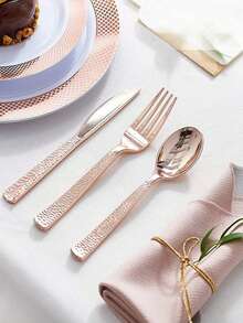 100 个玫瑰红色塑料零件/固定 50 把叉子、25 把刀子、25 把汤匙 - 一套可靠的塑料餐具，适用于餐饮、聚会、宴会、宴会、婚礼、父亲节和其他重大场合