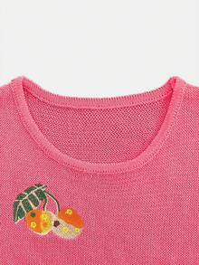 Korean Style Christmas Casual Boho Holiday Party Vintage Dress, Women Old Money Style Cute Airport Streetwear Country Concert Outfit, Cosplay Halloween Costume, Sexy Witch Costume, Going Out Fall Women Clothes, Back To School Clothes, Y2K Country Concert Outfit, Fall Dresses For Women, Winter Outfit For Women, Goth Steampunk Round Neck Solid Color Fruit Embroidery Fitted Semi-Sheer Knit Cover-Up Dress - Watermelon Pink - View 5