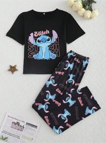 Disney Conjunto de pijama de 2 piezas con estampado de dibujos animados, Stitch, autorizado, de mujer. Incluye top de manga corta y cuello redondo, y pantalones. Confeccionado en tela de punto cómoda para uso en el hogar. Estilo casual elegante y romántico, ideal para vacaciones.