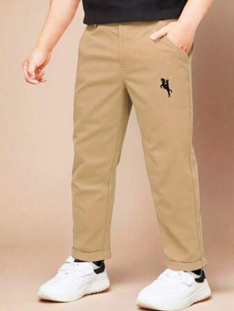 Young Boy Casual Solid Color Knight Embroidery Pants, Slant Pockets, Elastic Waistband Design, Suitable For Daily Wear, Travel, Parties, Vacations, Fashion Versatile
