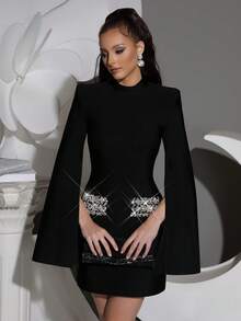 1pc Elegant Bandage Embellished Solid Color Knitted Formal Party Dress, Sexy & Glamorous, Crystal Decor, Suitable For Wedding, Birthday, Graduation, Summer Long Sleeve, For Cocktail - Black - View 1