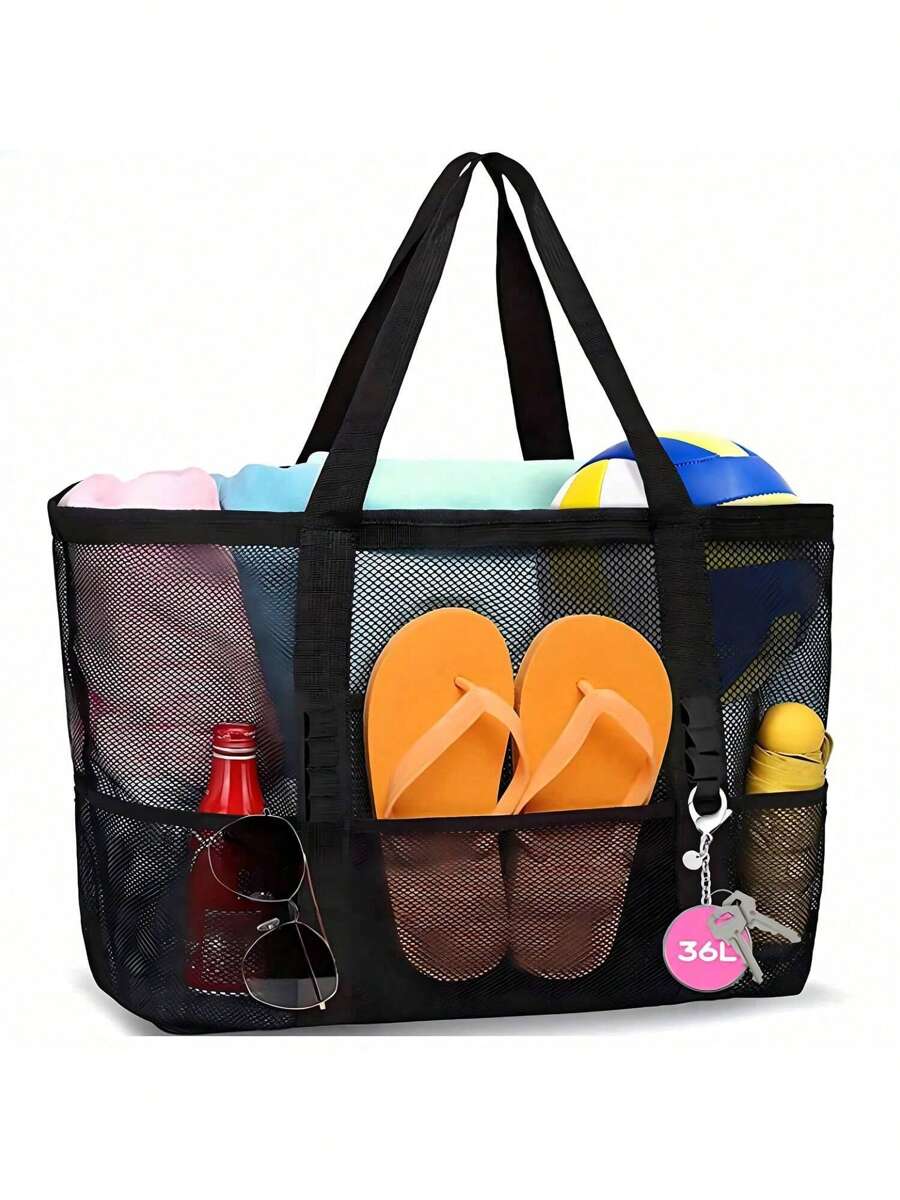 Oversized Mesh Beach Tote Bag - Sand Proof, Foldable & Lightweight, With Zipper And Pockets, Perfect For Family, Pool, Boat And Vacation Essentials