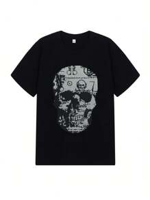 Men Rhinestone Skull Print Short Sleeve Round Neck T-Shirt