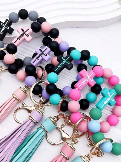 1pc Silicone Beaded Bracelet Keychain, Creative Wrist Strap Keyring Bag Charm, Ideal Gift For Friends, Siblings, Women, Mothers, Suitable For Daily Outfit Car Accessories School Bag Accessories Lanyards With Id Holder Car Accessories Bag Charms