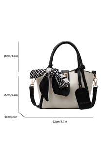 1pc Litchi Texture Solid Color Fashion Zipper Closure PU Leather Handbag With Scarf Ornament, Suitable For Daily Use - Black and White - View 4