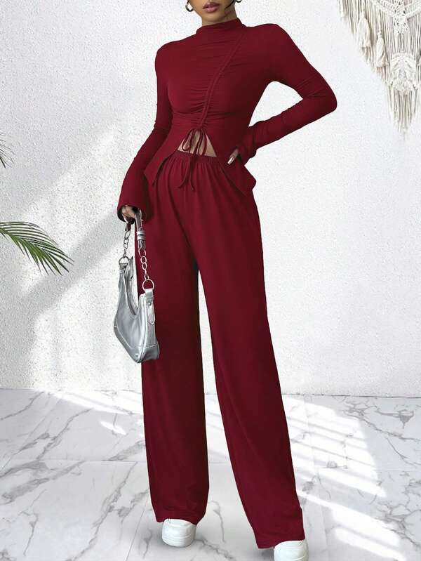 abyoxi Kaschmir-rot lässiger Zwei-Teiler mit hohem Kragen, Langarmoberteil mit Schlitz vorne und einfache weite Bundfaltenhose mit asymmetrischem Saum und Kordelzug-Detail, Frühlingsneuheit für den Alltag, Damenmode