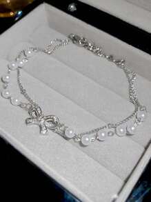 1pc Luxury Double Layer Bowknot & Pearl Stacked Bracelet