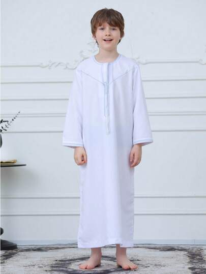Tween Boy High-End Children's Religious Shirts, Fashionable Arabic Robe, Oman Style, Handcrafted Braid Design, Hidden Zipper