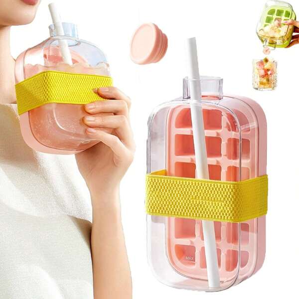 2-in-1 berührungslose Eiswürfelbehälter Wasserflasche mit Deckel und Aufbewahrungsbox, 500ml/800ml Eiswürfelhersteller Flasche für Kaffee, Saft und Getränke, tragbare wiederverwendbare Eiswürfelform