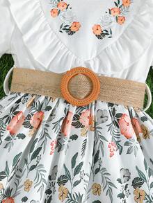 Girls' Short Sleeve Ruffle Floral Print Belted Dress, Elegant & Fashionable - White - View 5