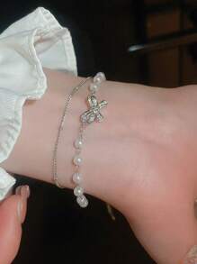 1pc Luxury Double Layer Bowknot & Pearl Stacked Bracelet