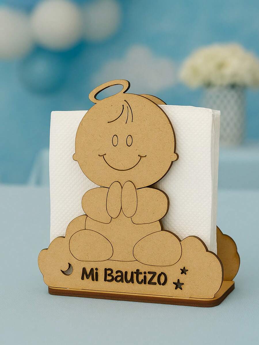 Servilletero MDF para Bautizo con Figura de Bebé Niño – Adorno Decorativo para Mesas de Dulces o Centros de Mesa - Café integral - Ver 1