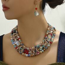 قلادة وسلسلة شانيل فاخرة بطراز بوهيمي مزينة بخرز بلوري مموج شبيه بالبلور والسلسلة المصنوعة من الألومنيوم بلون البن، مناسبة للنساء في المناسبات، الحفلات، الشاطئ والعطلات