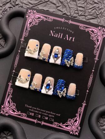 Y2K 10 Pieces Handmade Press On Nails Gorgeous Palace Style, Overall Elegant And Fashionable Duckbill Armor, Inlaid With Dazzling Ornaments And Sparkling Butterflies, Suitable For Business And Prom Parties[BULE]