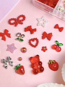 1盒红色蝴蝶结、草莓、泰迪熊、樱桃、Y2K金色蝴蝶仿珍珠美甲装饰品、美甲配件、DIY美甲用品、美甲宝石 - 彩色 - 查看 4