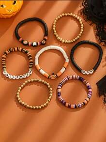 7pcs/Set New Halloween Themed Party Spooky Retro Pumpkin Polymer Clay Beaded Bracelet Set