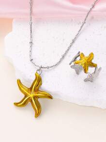 2pcs Bohemian Dopamine Y2k Stainless Steel Blue Starfish Ladies Necklace Ring Set For Men And Women Daily Wear Holiday Dating Gift Jewelry Summer Beach Vacation Men And Women Jewelry Set