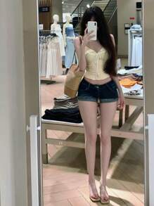 Damen sexy farbblockiges V-Ausschnitt Schleifen Rüschen Saum verstellbare Träger Bustier Top für Yoga & Sport