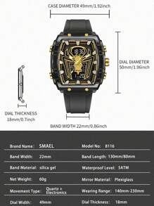 SMAEL SMAEL 1 Pc Double Display Digital Wristwatch Men's Fashion Square Case Silicone Band Military Sports Quartz Electronic Watch For Men