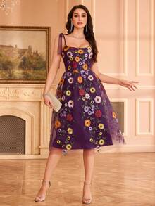 欧美时尚女式 3D 花卉刺绣蝴蝶结细肩带甜美优雅收腰 A 字形网眼连衣裙，适合生日派对、聚会、舞会礼服、舞会礼服